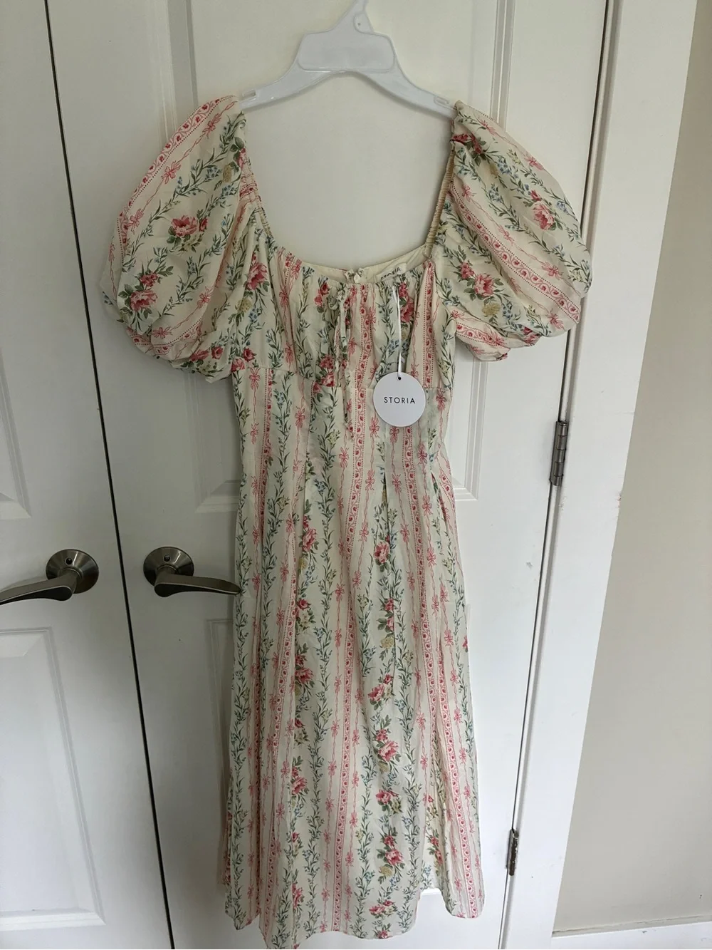 NWT 100% cotton Storia Cream and Pink Floral Puff-Sleeve Midi Dress - Picture 2 of 11